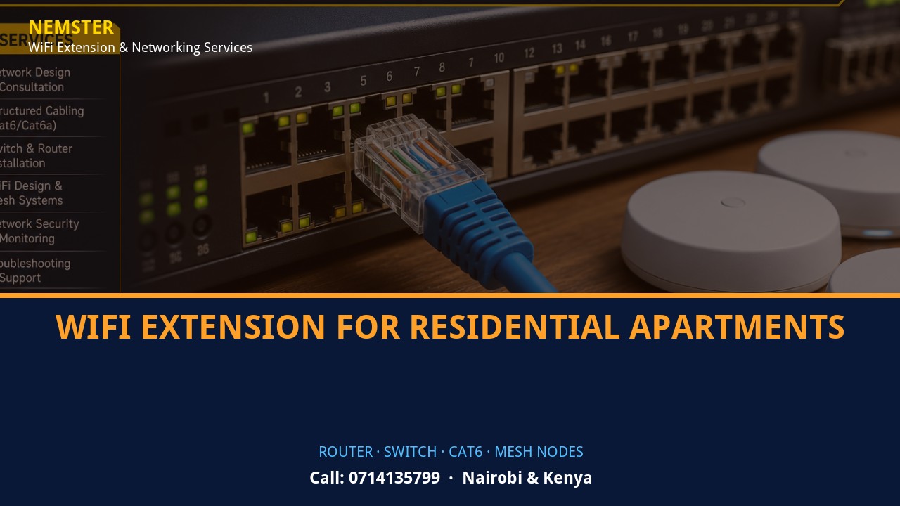 Close-up of router, PoE switch, Cat6 cabling and professional networking equipment — WiFi Extension for Residential Apartments by Nemster in Nairobi & Kenya