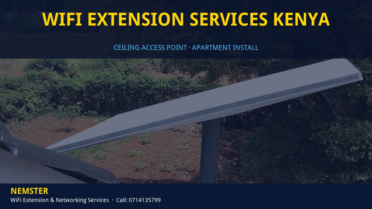 Technician installing a ceiling WiFi access point in an apartment corridor — WiFi Extension Services Kenya by Nemster in Nairobi & Kenya