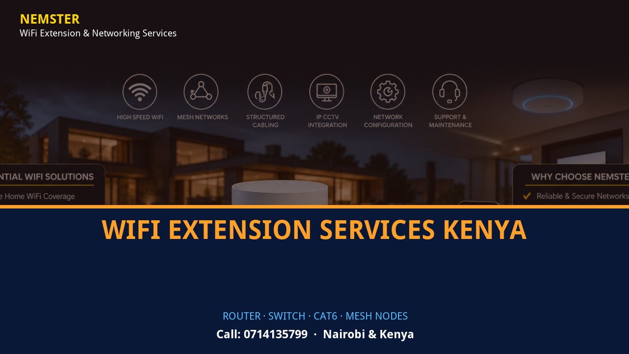 Close-up of router, PoE switch, Cat6 cabling and professional networking equipment — WiFi Extension Services Kenya by Nemster in Nairobi & Kenya