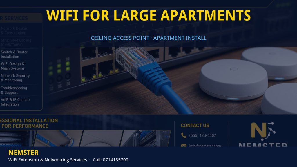 Technician installing a ceiling WiFi access point in an apartment corridor — WiFi for Large Apartments by Nemster in Nairobi & Kenya