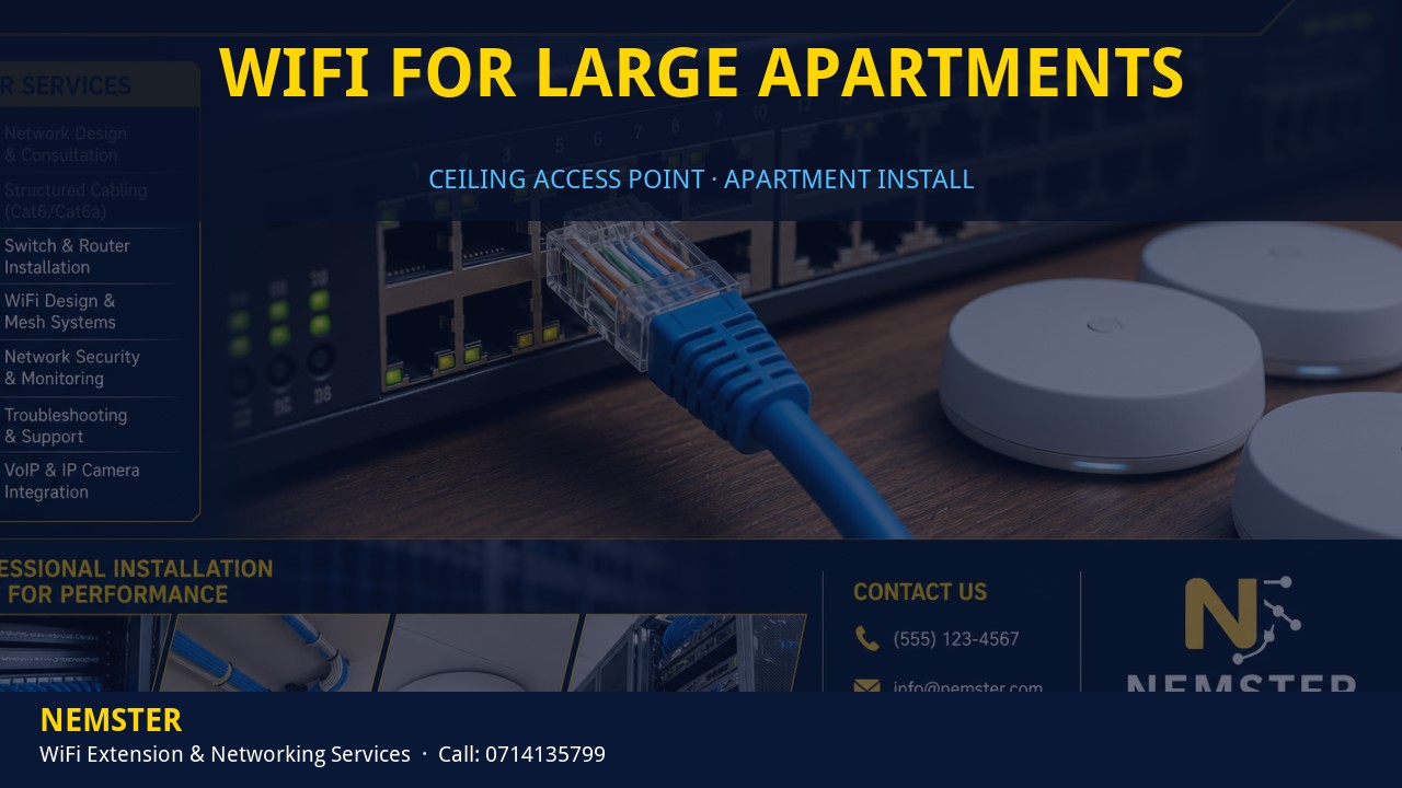 Technician installing a ceiling WiFi access point in an apartment corridor — WiFi for Large Apartments by Nemster in Nairobi & Kenya