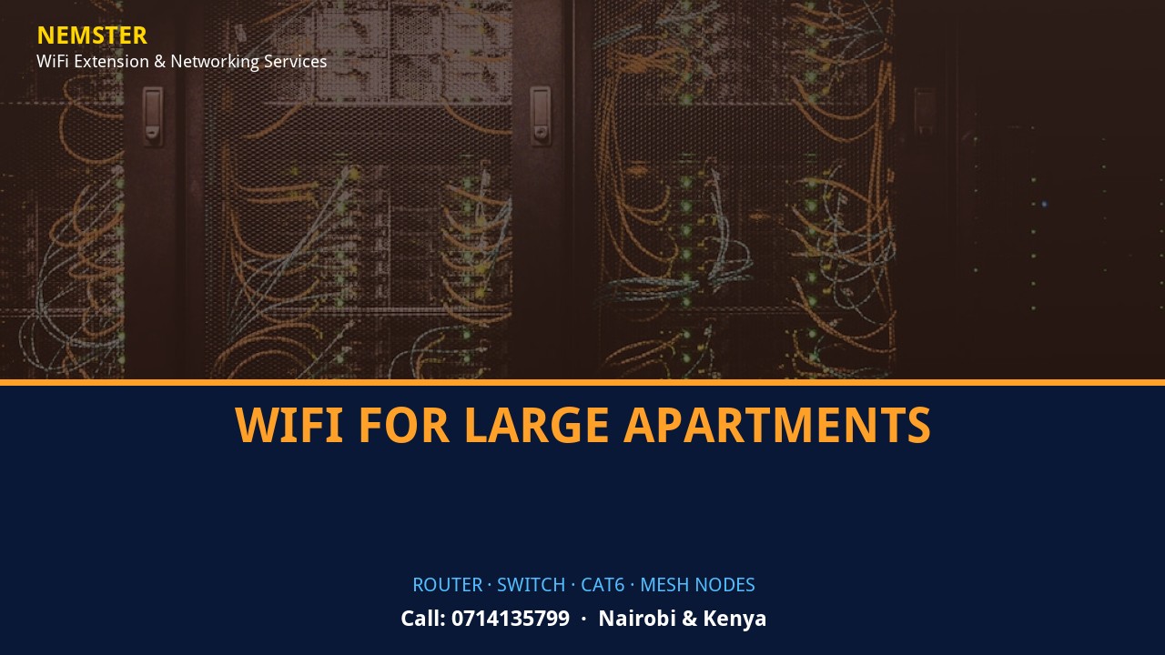 Close-up of router, PoE switch, Cat6 cabling and professional networking equipment — WiFi for Large Apartments by Nemster in Nairobi & Kenya
