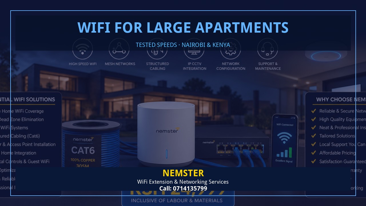 Resident using a laptop in an apartment with strong reliable WiFi coverage — WiFi for Large Apartments by Nemster in Nairobi & Kenya