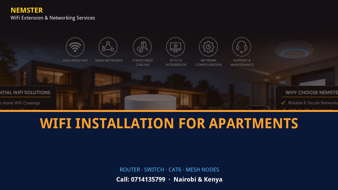 Close-up of router, PoE switch, Cat6 cabling and professional networking equipment — WiFi Installation for Apartments by Nemster in Nairobi & Kenya