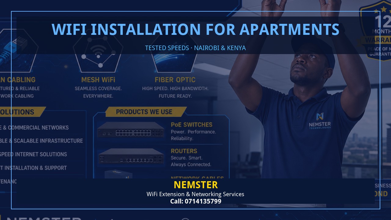 Resident using a laptop in an apartment with strong reliable WiFi coverage — WiFi Installation for Apartments by Nemster in Nairobi & Kenya