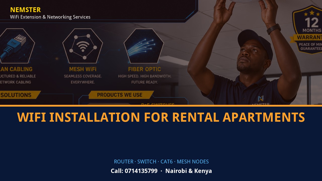 Close-up of router, PoE switch, Cat6 cabling and professional networking equipment — WiFi Installation for Rental Apartments by Nemster in Nairobi & Kenya