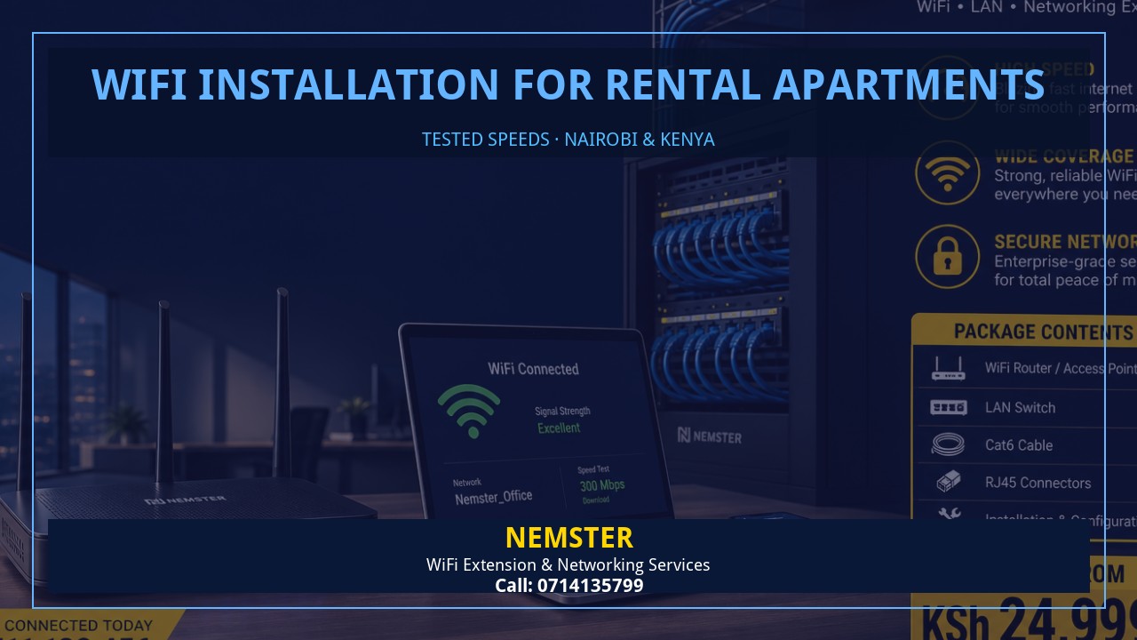 Resident using a laptop in an apartment with strong reliable WiFi coverage — WiFi Installation for Rental Apartments by Nemster in Nairobi & Kenya