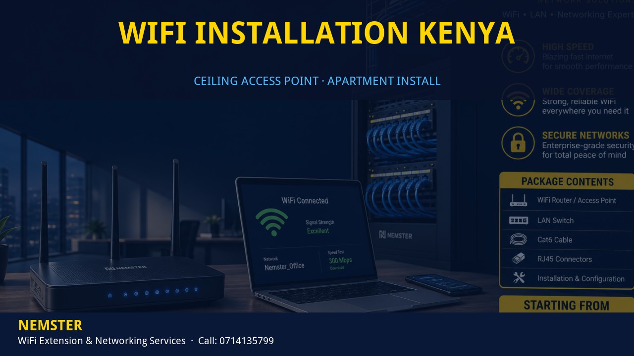 WiFi Installation Kenya | Ceiling Ap Install | Nemster Technician installing a ceiling WiFi access point in an apartment corridor — WiFi Installation Kenya by Nemster in Nairobi & Kenya