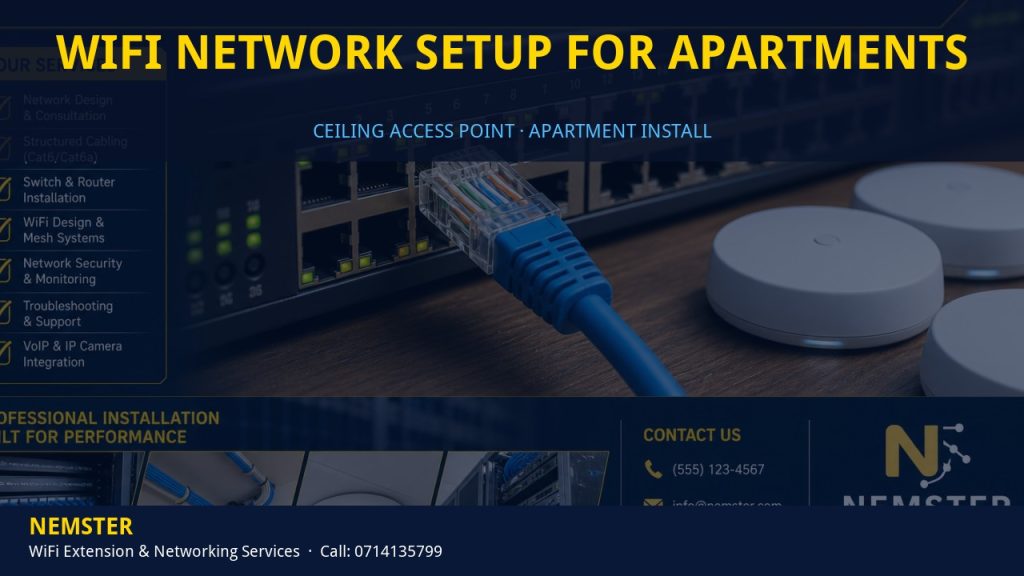 Technician installing a ceiling WiFi access point in an apartment corridor — WiFi Network Setup for Apartments by Nemster in Nairobi & Kenya