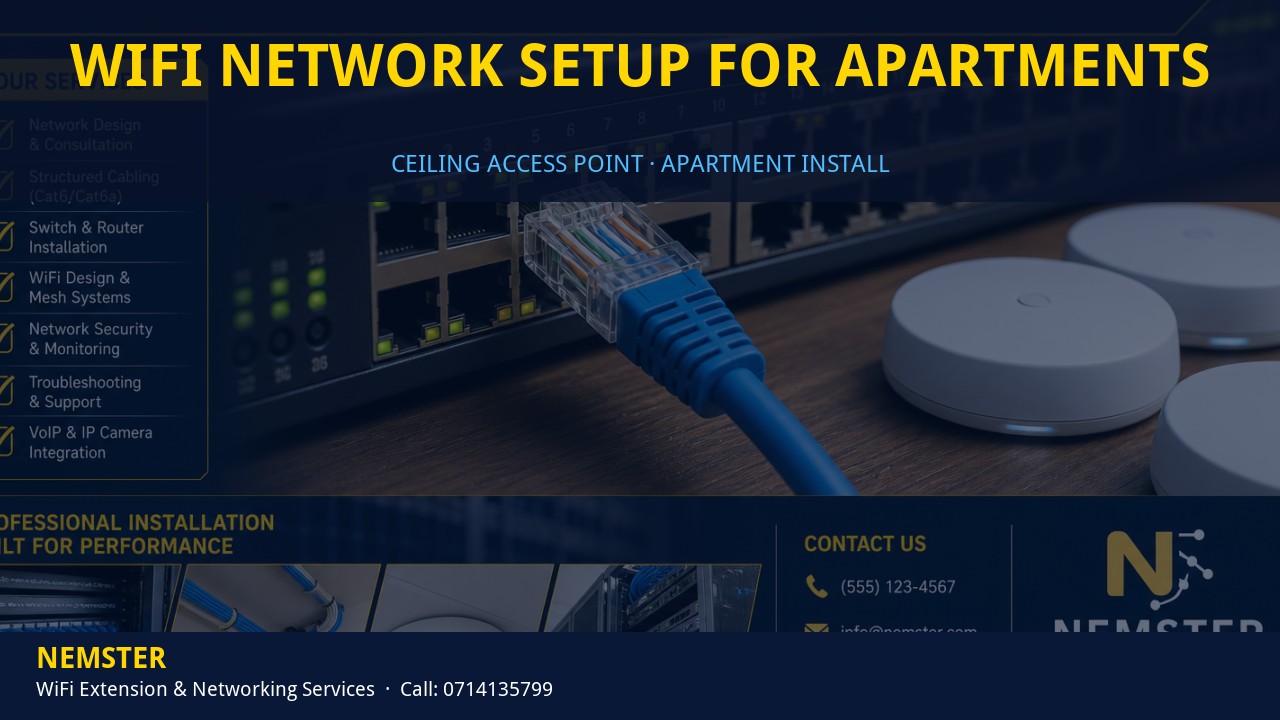 Technician installing a ceiling WiFi access point in an apartment corridor — WiFi Network Setup for Apartments by Nemster in Nairobi & Kenya