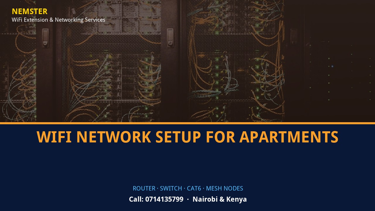 Close-up of router, PoE switch, Cat6 cabling and professional networking equipment — WiFi Network Setup for Apartments by Nemster in Nairobi & Kenya