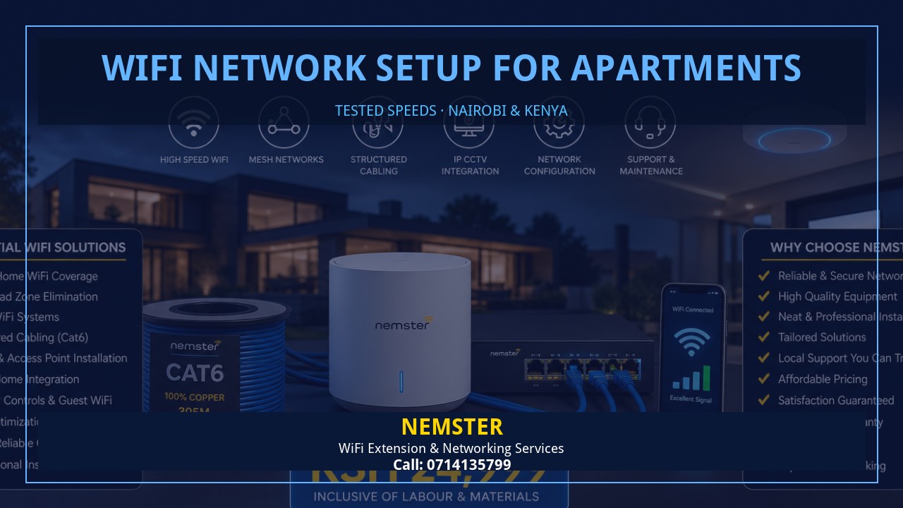 Resident using a laptop in an apartment with strong reliable WiFi coverage — WiFi Network Setup for Apartments by Nemster in Nairobi & Kenya