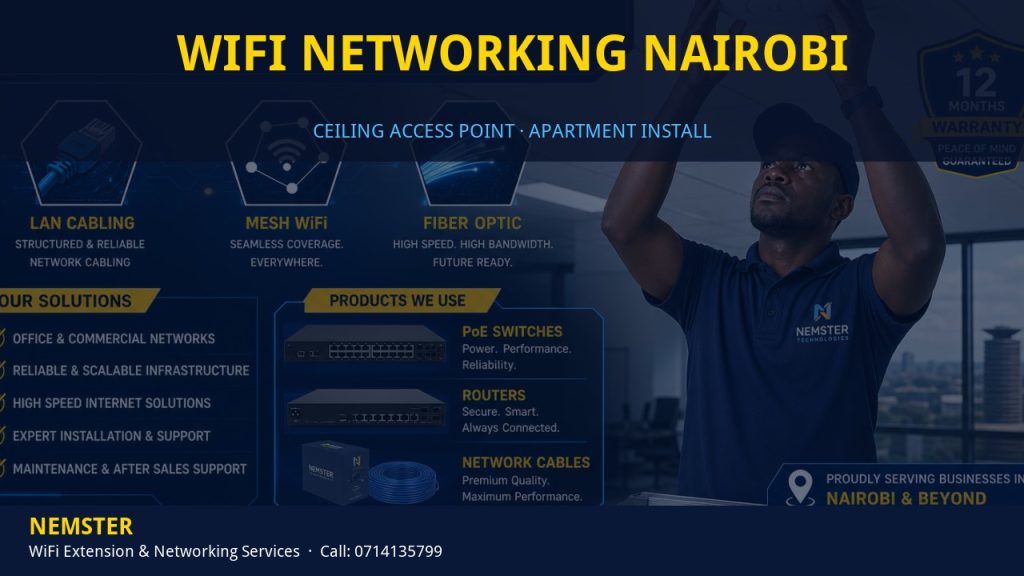 Technician installing a ceiling WiFi access point in an apartment corridor — WiFi Networking Nairobi by Nemster in Nairobi & Kenya