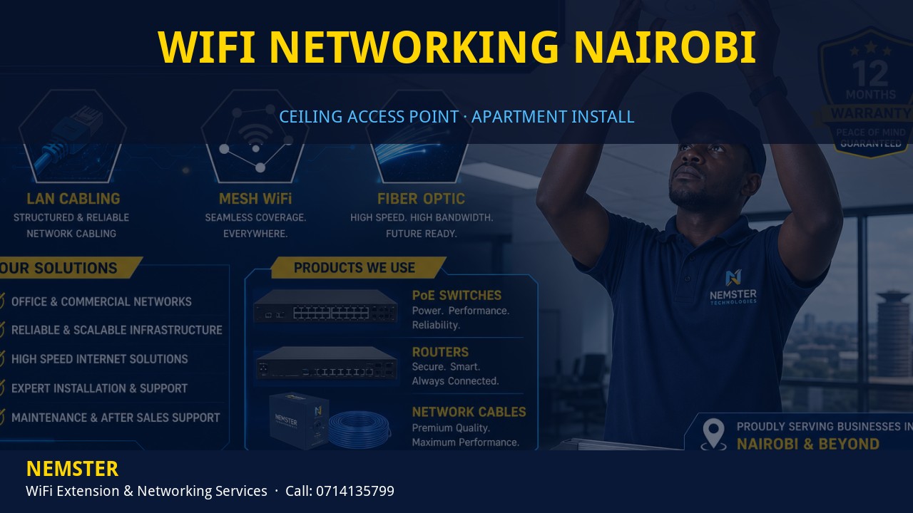 Technician installing a ceiling WiFi access point in an apartment corridor — WiFi Networking Nairobi by Nemster in Nairobi & Kenya