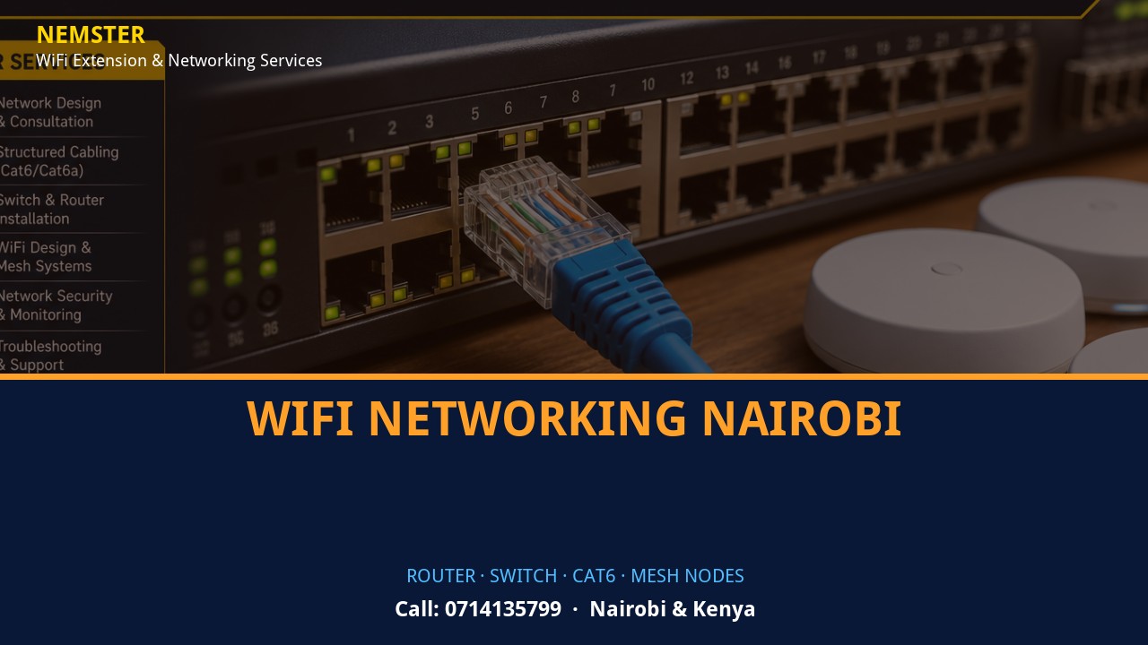 Close-up of router, PoE switch, Cat6 cabling and professional networking equipment — WiFi Networking Nairobi by Nemster in Nairobi & Kenya