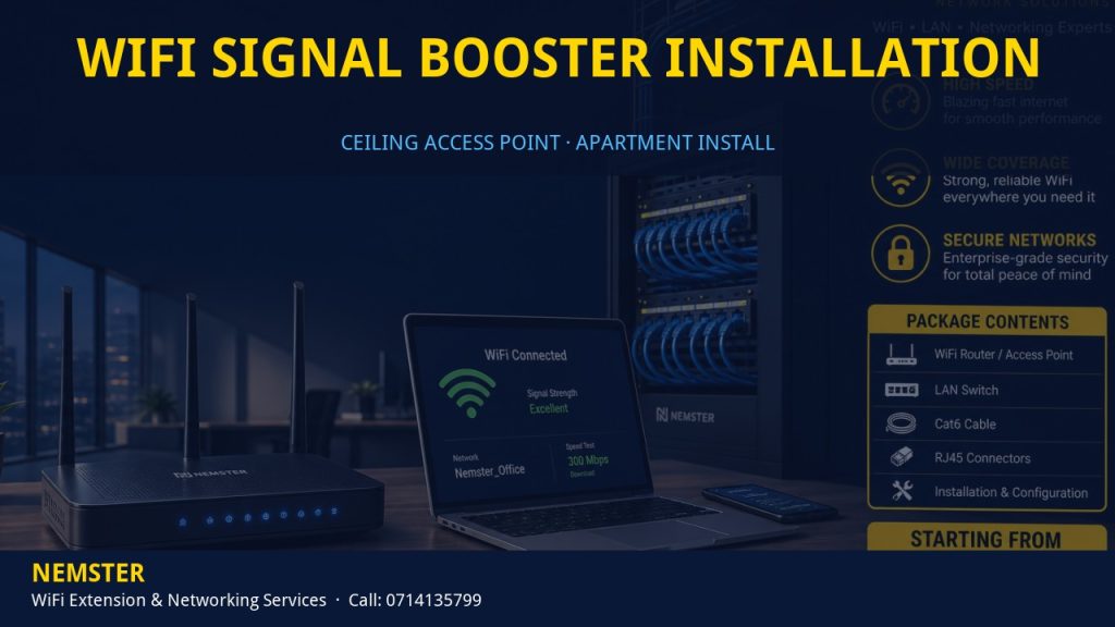 Technician installing a ceiling WiFi access point in an apartment corridor — WiFi Signal Booster Installation by Nemster in Nairobi & Kenya