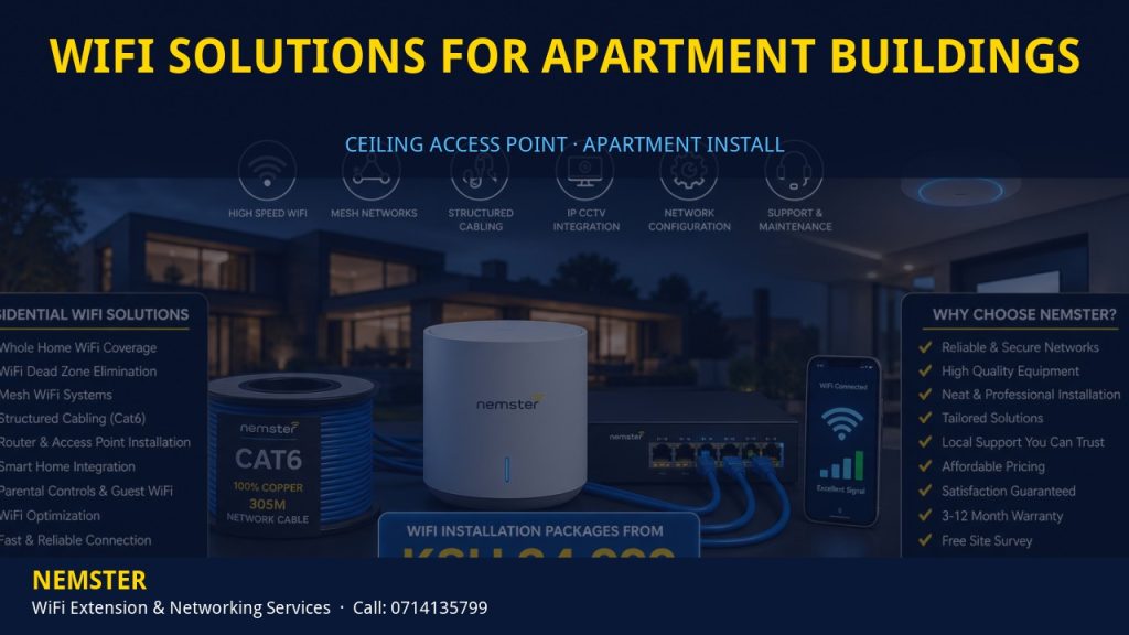 Technician installing a ceiling WiFi access point in an apartment corridor — WiFi Solutions for Apartment Buildings by Nemster in Nairobi & Kenya