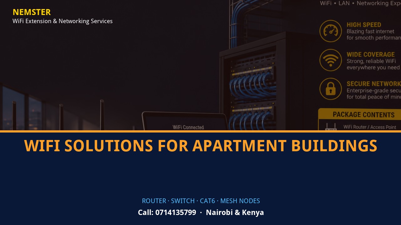 Close-up of router, PoE switch, Cat6 cabling and professional networking equipment — WiFi Solutions for Apartment Buildings by Nemster in Nairobi & Kenya