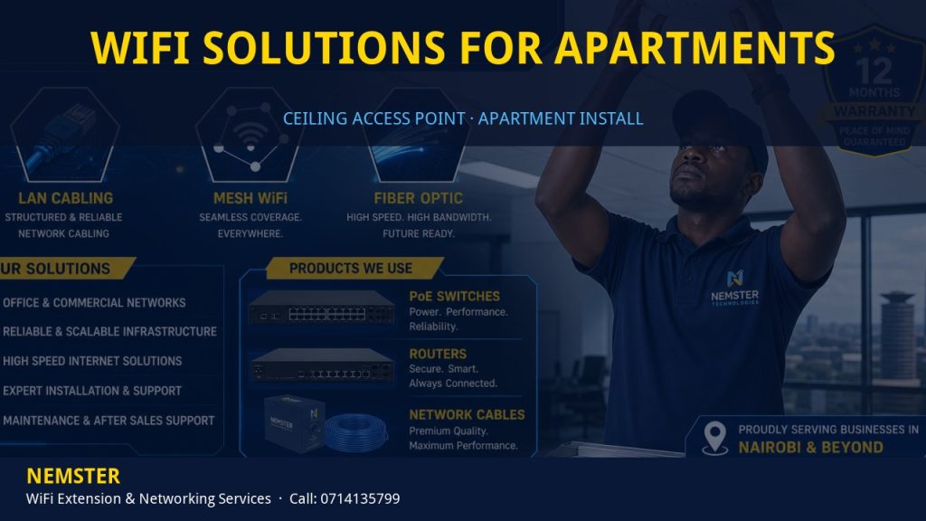 Technician installing a ceiling WiFi access point in an apartment corridor — WiFi Solutions for Apartments by Nemster in Nairobi & Kenya