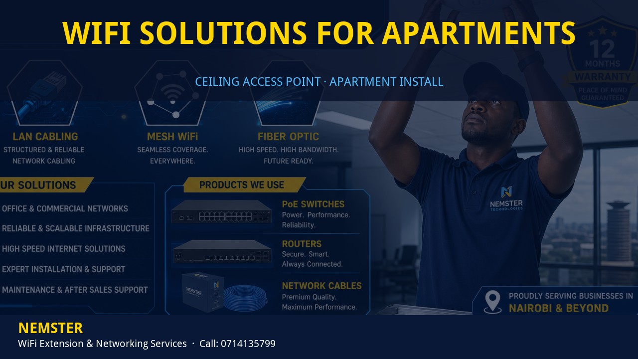 Technician installing a ceiling WiFi access point in an apartment corridor — WiFi Solutions for Apartments by Nemster in Nairobi & Kenya