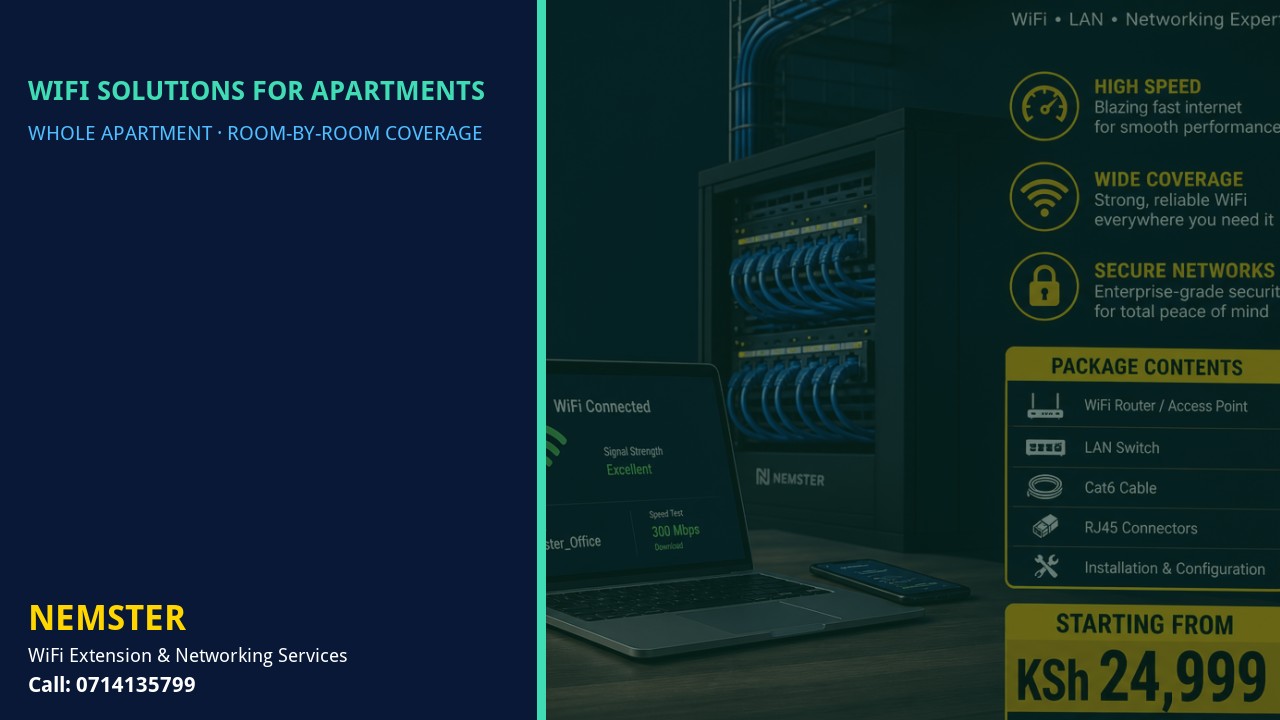 Modern apartment with multi-room WiFi coverage reaching lounge and bedrooms — WiFi Solutions for Apartments by Nemster in Nairobi & Kenya