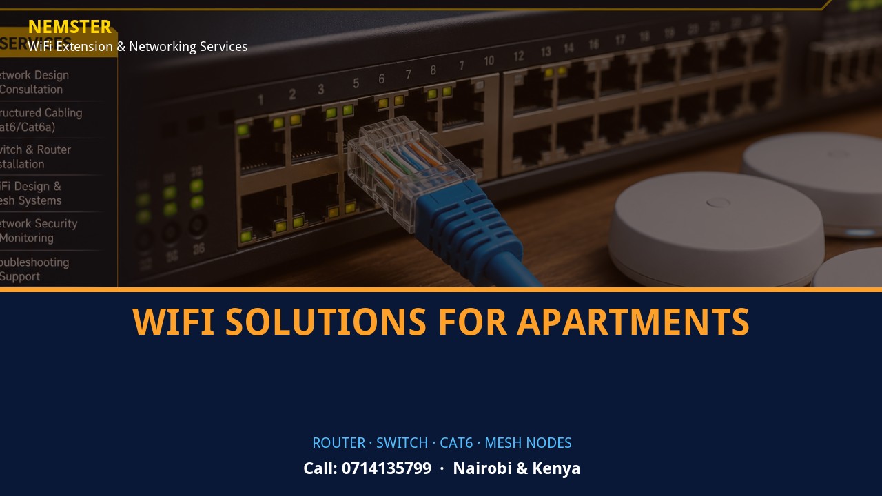 Close-up of router, PoE switch, Cat6 cabling and professional networking equipment — WiFi Solutions for Apartments by Nemster in Nairobi & Kenya